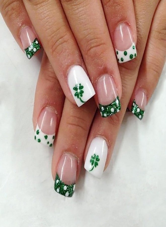 KRTBKR St Patrick's Day Press on Nails Short Square Fake Nails White Dots with Green Glitter Full Cover Tip Stick on Nails Shamrock Nude Nails Designs Glue on Nails Acrylic False Nails for Women DIY Irish - Image 1